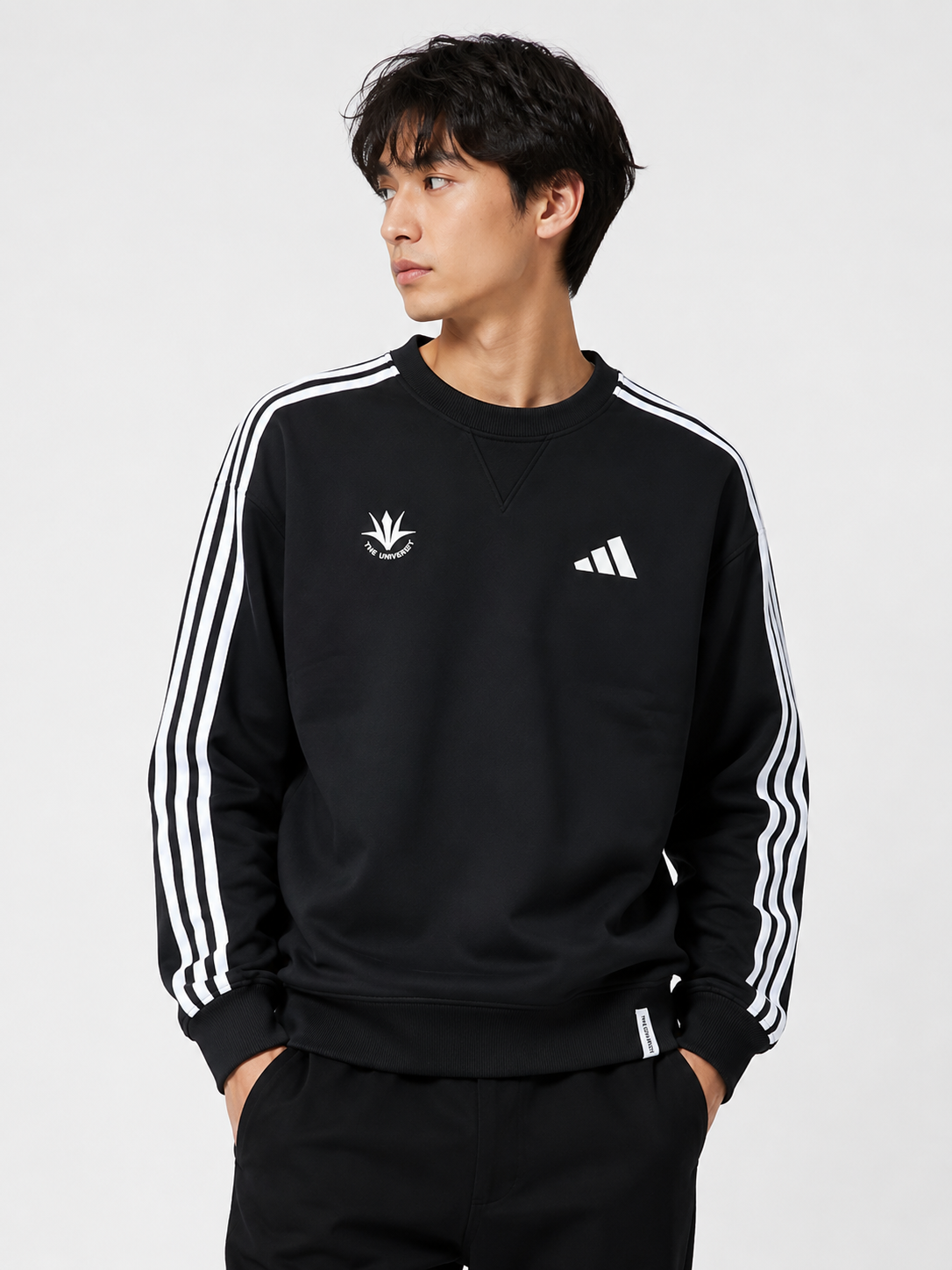 【アディダス×創価大学】エッセンシャル プラス ルーズフィット スリーストライプス シングルジャージー 長袖Tシャツ（ブラック）