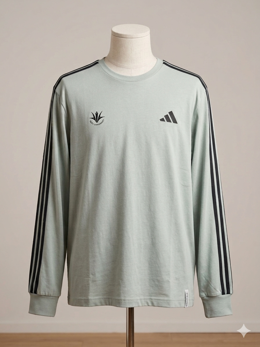 【アディダス×創価大学】エッセンシャル プラス ルーズフィット スリーストライプス シングルジャージー 長袖Tシャツ（ワンダーセージ）（グリーン系）